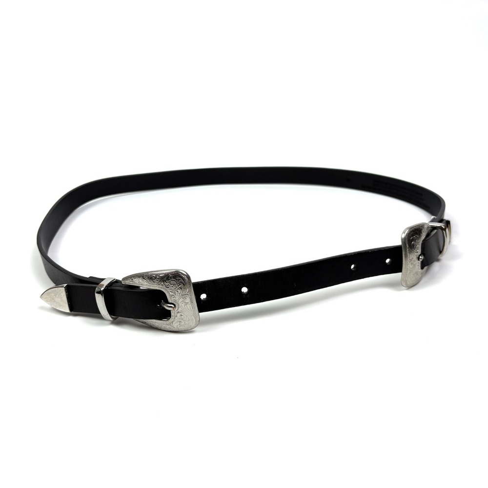 Double Buckle Black Leather Western Belt Womens Sz M Cowgirl